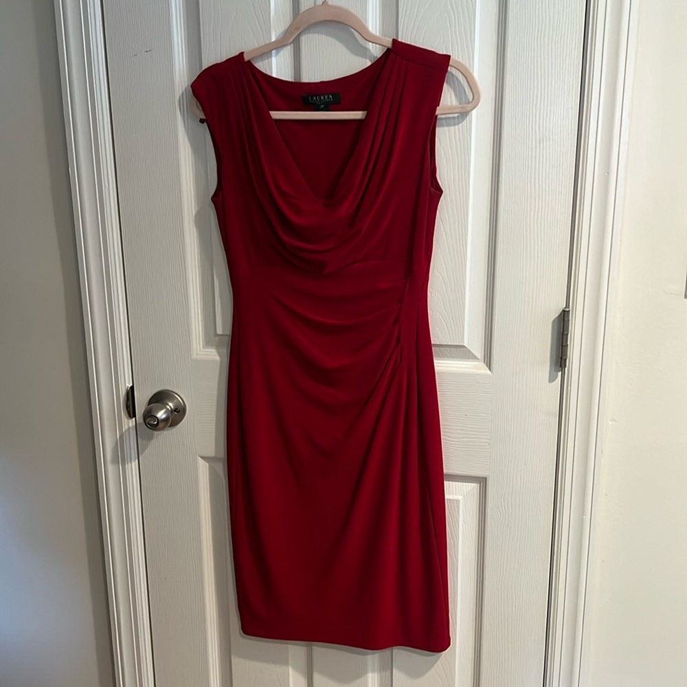 Ralph Lauren Red Sleeveless Midi Dress with Draped Neckline